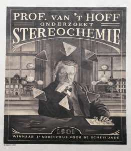 Afbeelding van de muurschildering. Deze toont Prof. Van ‘t Hoff, zittend aan een bureau, omringt door zijn driedimensionale molecuul modellen.